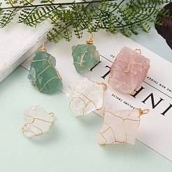ラフ原石の天然蛍石＆水晶振動子＆ローズクォーツペンダント  金色の銅線付き  ナゲット  34~55x27~41x17.5~21mm  穴：3~4.5x4~5mm&nbsp;PALLOY-JF00586