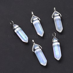 多面カット弾丸ガラスのポイントペンダント  プラチナメッキ真鍮パーツ  ABカラーメッキ  38~39.5x12.5x10mm  穴：5x3mm&nbsp;KK-E282-02P-03