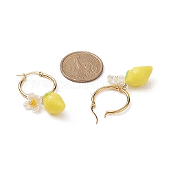 Resin Lemon with ABS Plastic Pearl Flower Dangle Hoop Earrings&nbsp;EJEW-TA00187