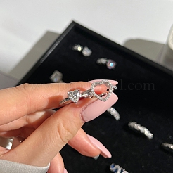 変色防止ロジウムメッキ スターリングシルバー ダブルリング 925 個セット  女性用ハートキュービックジルコニアリング  透明  11.5mm  内径：17.2mm&nbsp;RJEW-Z040-17P-B