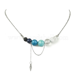 Natural Apatite & Lapis Lazuli & Lava Rock & Quartz Crystal Round Graduated Beaded Pendant 304 Stainless Steel Cable Chain Necklaces for Women&nbsp;NJEW-TA00242-02