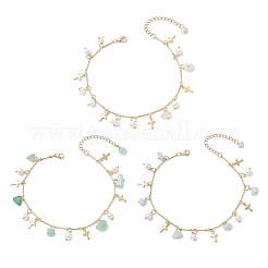 3Pcs 3 Styles Natural Aquamarine & White Moonstone & Green Aventurine Chip & Round Shell Pearl Cross Tassel Anklets&nbsp;AJEW-AN00716