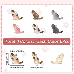 36本6色合金エナメルペンダント  猫のチャーム  ゴールドカラー  ミックスカラー  17x19x1.5mm  穴：1.4mm  6個/カラー&nbsp;ENAM-SC0005-48