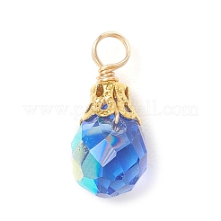 電気メッキガラスチャーム  ティアドロップ  銅線と  多面カット  ゴールドカラー  17.5x7.5mm  穴：3.3mm&nbsp;PALLOY-JF03958-01