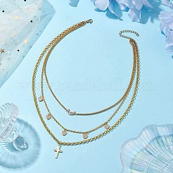 Brass & Stainless Steel Micro Pave Clear Cubic Zirconia Pendant Necklaces&nbsp;NJEW-JN04874