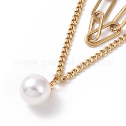 PVD Vacuum Plating 304 Stainless Steel Double Chains Multi Layered Necklaces Necklace with Plastic Pearl Charm for Women&nbsp;STAS-E155-02G