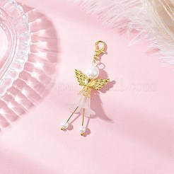 8個 8色 フロストアクリル&ガラスパールフラワーエンジェルペンダントデコレーション  合金製のハート型の羽根とロブスターの爪の留め具付き  ゴールドカラー  ミックスカラー  60.5mm  1pc /カラー&nbsp;HJEW-JM03481