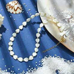 Natural Shell Heart & Alloy Beaded Necklaces for Women&nbsp;NJEW-TA00129