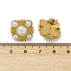 304ステンレススチールプラスチックパールスタッドピアス  ゴールドカラー  正方形  19x19mm&nbsp;LS-EJEW-U070-03A-G