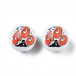 ハロウィンプリント天然木ビーズ  ゴーストとワードブーでラウンド  レッドオレンジ  15.5x14.5mm  穴：4mm&nbsp;WOOD-S057-083