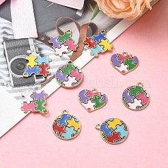 10個5スタイルアロイエナメルペンダント  自閉症パズルのチャーム  ハート＆フラットラウンド＆ひし形  カラフル  19~25x20~22.5x1~1.5mm  穴：2mm  2個/スタイル&nbsp;ENAM-YW0003-87