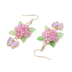304 ステンレススチールの花と蝶のダングルイヤリング  ガラスシードビーズ、合金エナメルチャーム、ガラスビーズ、アクリルチャーム付き  ゴールドカラー  プラム  53.5x20.5mm&nbsp;EJEW-MZ00455-05