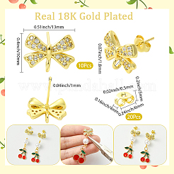 ラックメッキ真鍮＆キュービックジルコニアスタッドピアス金具5組  鉛フリー＆カドミウムフリー  長持ちメッキ  蝶結び  20個のプラスチック製イヤーナット  18KGP本金メッキ  10x13mm  穴：1.8mm  ピン：12x1mm&nbsp;KK-SC0006-78G