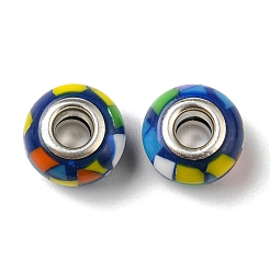 ボヘミアンスタイル樹脂ヨーロピアンビーズ  大穴ビーズ  ロンデル  プラチナカラーコア  ブルー  14x9.5mm  穴：4.8mm&nbsp;RESI-D069-01E