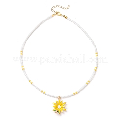 夏物合金エナメルフラワーペンダントガラスシードビーズネックレス（女性用）  ゴールドカラー  きいろ  15.75インチ（40cm）&nbsp;NJEW-MZ00151-01