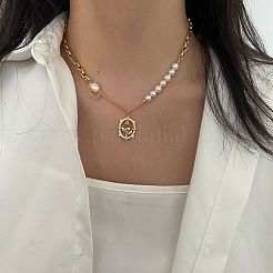 真鍮パヴェクリアキュービックジルコニアオーバルフラワーペンダント付き天然淡水パールビーズネックレスレディース  乳白色  ゴールドカラー  14.57インチ（37cm）&nbsp;FS-WG76AA2-01
