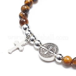 7Pcs 7 Style Natural Mixed Gemstone & Alloy Saint Benedict Medal Beaded Stretch Bracelets Set&nbsp;BJEW-JB08877