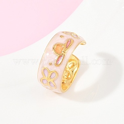 304ステンレススチール製エナメル調節可能な女性用カフリング  花柄  18KGP本金メッキ  9.5mm  内径: 調節可能&nbsp;RJEW-A074-05G