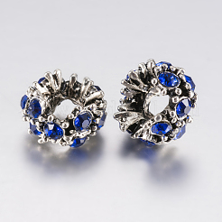 チベット風合金ラインストーンヨーロピアンビーズ  大穴ビーズ  花  アンティークシルバー  藤紫色  12x8mm  穴：5mm&nbsp;PALLOY-F200-04G