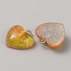透明樹脂ペンダント  プラチナメッキの鉄ループが付いたグリッターハートチャーム  ゴールド  18.5x19x7.5mm  穴：2mm&nbsp;CRES-TAC0010-05A