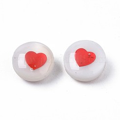 天然淡水シェルビーズ  エナメル  ハート付きフラットラウンド  レッド  8x4.5mm  穴：0.6mm&nbsp;SHEL-N003-22-A11