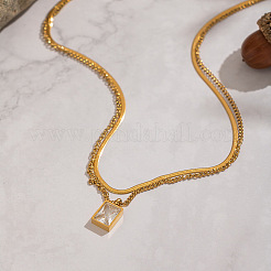 European Style Stainless Steel Pave Clear Cubic Zirconia Rectangle Pendant Snake Chain Double Layered Necklaces for Women&nbsp;ND1910