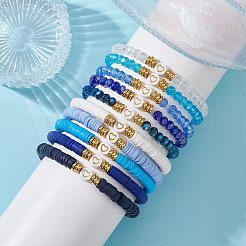 10Pcs Polymer Clay Disc & Glass & Brass Beaded Stretch Bracelets Set&nbsp;BJEW-JB09676-01