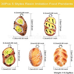 30個 5スタイル 樹脂製模造食品ペンダント  プラチナメッキの鉄製ループ付きビスケットチャーム  ミックスカラー  29~31.5x13~15x10.5~11.5mm  穴：2mm  6個/スタイル&nbsp;FIND-CJ0002-49