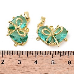 18KGP本金メッキ真鍮ガラスチャーム  ちょう結びチャーム付きハート  鉛フリー＆カドミウムフリー  長持ちメッキ  ターコイズ  14x19x6mm  穴：2.5x4mm&nbsp;KK-R161-02G-07