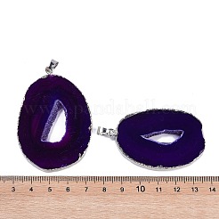 天然石瑪瑙ビッグサイズペンダントトップ  楕円形のチャーム  染め＆加熱  プラチナメッキ真鍮パーツ  パープル  50~62x33~43x5~7mm  穴：7.5x4.5mm&nbsp;KK-F868-29P-01