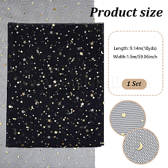 10ヤードの星と月のポリエステルメッシュ生地  衣類用アクセサリー  ブラック  1500x0.2mm&nbsp;DIY-PH0038-06A