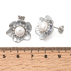 真鍮マイクロパヴェジルコニアエナメルスタッドピアス  花  absプラスチックパール  カドミウムフリー＆鉛フリー  ラックめっき  長持ちメッキ  プラチナ  17.5x19.5mm&nbsp;CU-CBABA66-12B-P