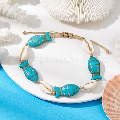 天然シェルと合成ターコイズ編み込みビーズ ブレスレット  魚  内径：1-7/8~3インチ（4.7~7.5cm）  魚：22x12mm&nbsp;AJEW-AN00562-03