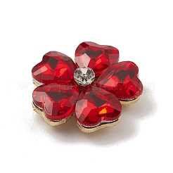 合金カボション  ガラスラインストーン付き  淡い金色  花  レッド  19x19x5.5mm&nbsp;GLAA-B010-03KCG-07