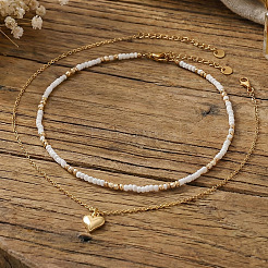 Stainless Steel Heart Pendant White Glass Seed Beaded Double Layer Necklaces&nbsp;CO2077-1