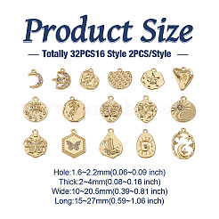 32個16スタイルアロイペンダント  バラと月と星と馬の目でフラットラウンド  ゴールドカラー  15~27x10~20.5x2~4mm  穴：1.6~2.2mm  2個/スタイル&nbsp;FIND-TA0001-73