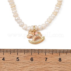 Brass Enamel Pink Rocking Horse Pendant Natural Cultured Freshwater Pearl Beaded Necklaces for Women&nbsp;NJEW-JN06163