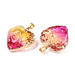 ライトゴールド真鍮ガラスペンダント  鉄パーツ  ハート  フクシア  31x29.5~30x12.5~13mm  穴：7x4mm&nbsp;GLAA-N001-24B