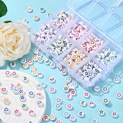 400個8色白不透明アクリルビーズ  ハート＆フラワー＆ムーン＆スターのフラットラウンド  ミックスカラー  7x4mm  穴：1.6mm  50個/箱&nbsp;MACR-YW0001-87