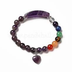 Natural Amethyst & Mixed Gemstone Beaded Stretch Bracelet with Heart Charm for Women&nbsp;BJEW-K164-B24