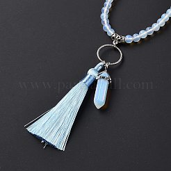 Opalite Bullet & Tassel Pendant Necklace with Mixed Gemstone Beaded Chains&nbsp;NJEW-E585-02F