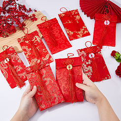 8個 8スタイル 花柄刺繍ブロケードバッグ  中国の赤い封筒  中国結びのタッセル付き長方形  レッド  17.8~18.7x10.3~11x1.35~1.45cm  1個/スタイル&nbsp;ABAG-FH0001-18