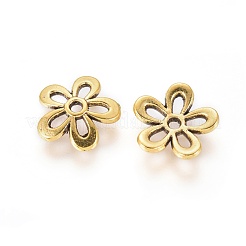 5 -petalチベットスタイル合金の花のビーズキャップ  カドミウムフリー＆鉛フリー  アンティーク黄金  11x1.5mm  穴：1mm&nbsp;TIBEB-1064-AG-LF