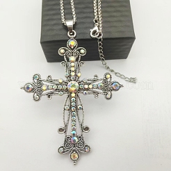 Vintage Baroque Style Alloy Crystal AB Rhinestone Cross Pendant Necklaces&nbsp;NR4788