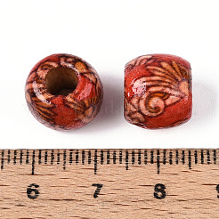 プリント天然木ビーズ  バレル  ファイヤーブリック  10.5~11x11.5~12.5mm  穴：4.5~5.5mm&nbsp;WOOD-N018-07A