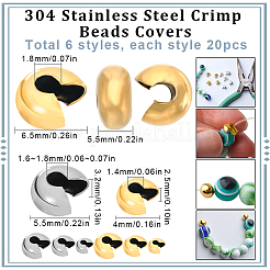 120個6スタイル304ステンレススチールクリンプビーズカバー  ゴールデン·ステンレス鋼色  3.5~6.5x3.5~5.8x4~5.8mm  穴：1.4~2mm  20個/スタイル&nbsp;STAS-SC0005-87