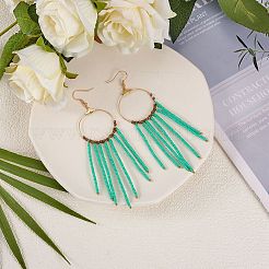ガラスシードビーズロングダングルピアス  女性用タッセルドロップピアス付きビッグリング  アクアマリン  115mm  ピン：0.7mm&nbsp;EJEW-SW00004