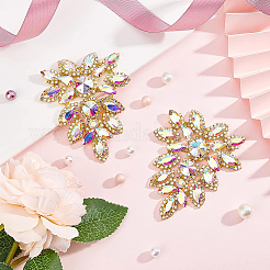 ガラスラインストーンアップリケ2個  クリスタルAB  バイダルベルト用  ドレス  サッシ  花  ゴールドカラー  88x72x6mm&nbsp;DIY-BC0005-92