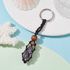 天然アメジストのウィッシングボトルキーホルダー  ナイロンコードマクラメポーチストーンホルダー  鉄のスプリットキーホルダーとウッドビーズ付き  10.5cm&nbsp;KEYC-JKC00726-02