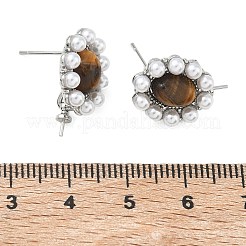 真鍮とABS樹脂製の模造パールスタッドピアス金具  オーバル  スターリングシルバーのピン925個と天然のタイガーアイ付き  片穴パーツ用  プラチナ  19x13mm  ピン：0.7mm&nbsp;KK-C172-14A-P